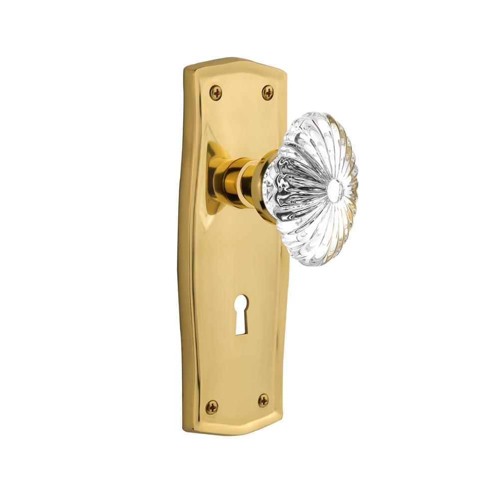 Nostalgic Warehouse PRAOFC Passage Knob Prairie Plate with Oval Fluted Crystal Knob with Keyhole in Polished Brass